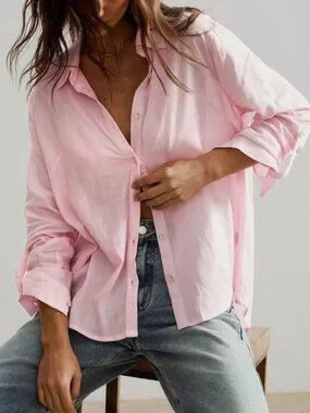 Pink Casual Women's Linen Long Sleeve Shirt Blouse